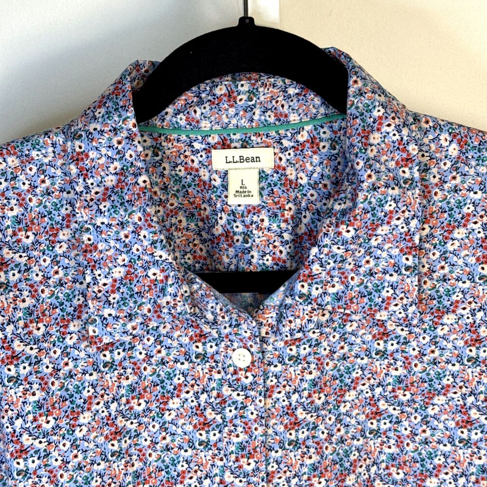LL Bean Womens Large Blue Floral Cotton Stretch Button-Front Long Sleeve Top